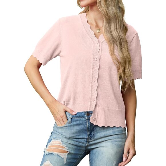 Grecerelle Women Pink Open Front Button Down Short Sleeve Lightweight Sweater - Picture 3 of 5